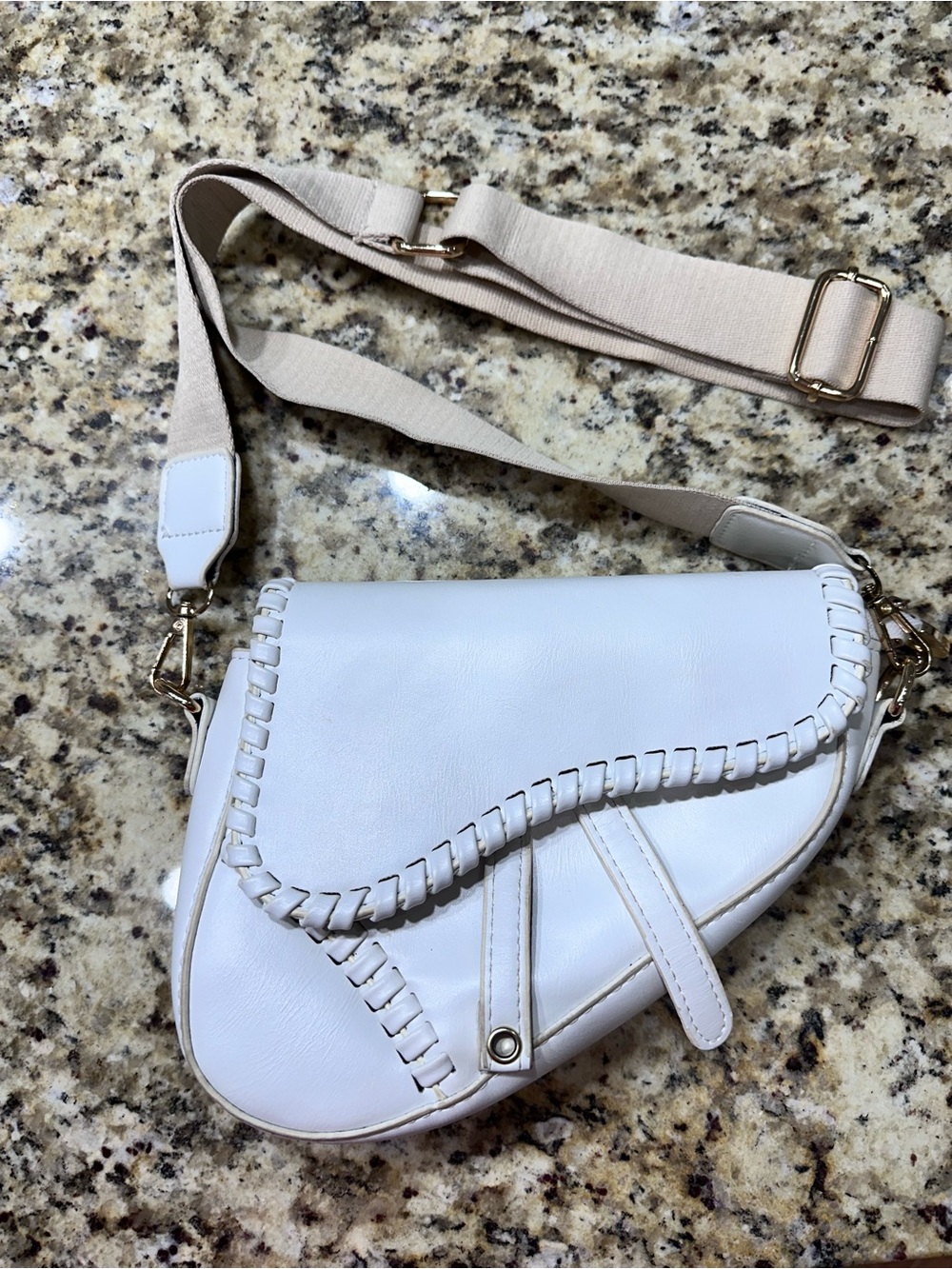 Designer Inspired White Saddle Crossbody Bag with Contrast Strap